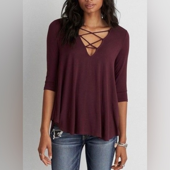 AMERICAN EAGLE OUTFITTERS Soft & Sexy lace up v-neck burgundy wine flowy size L - Picture 1 of 11